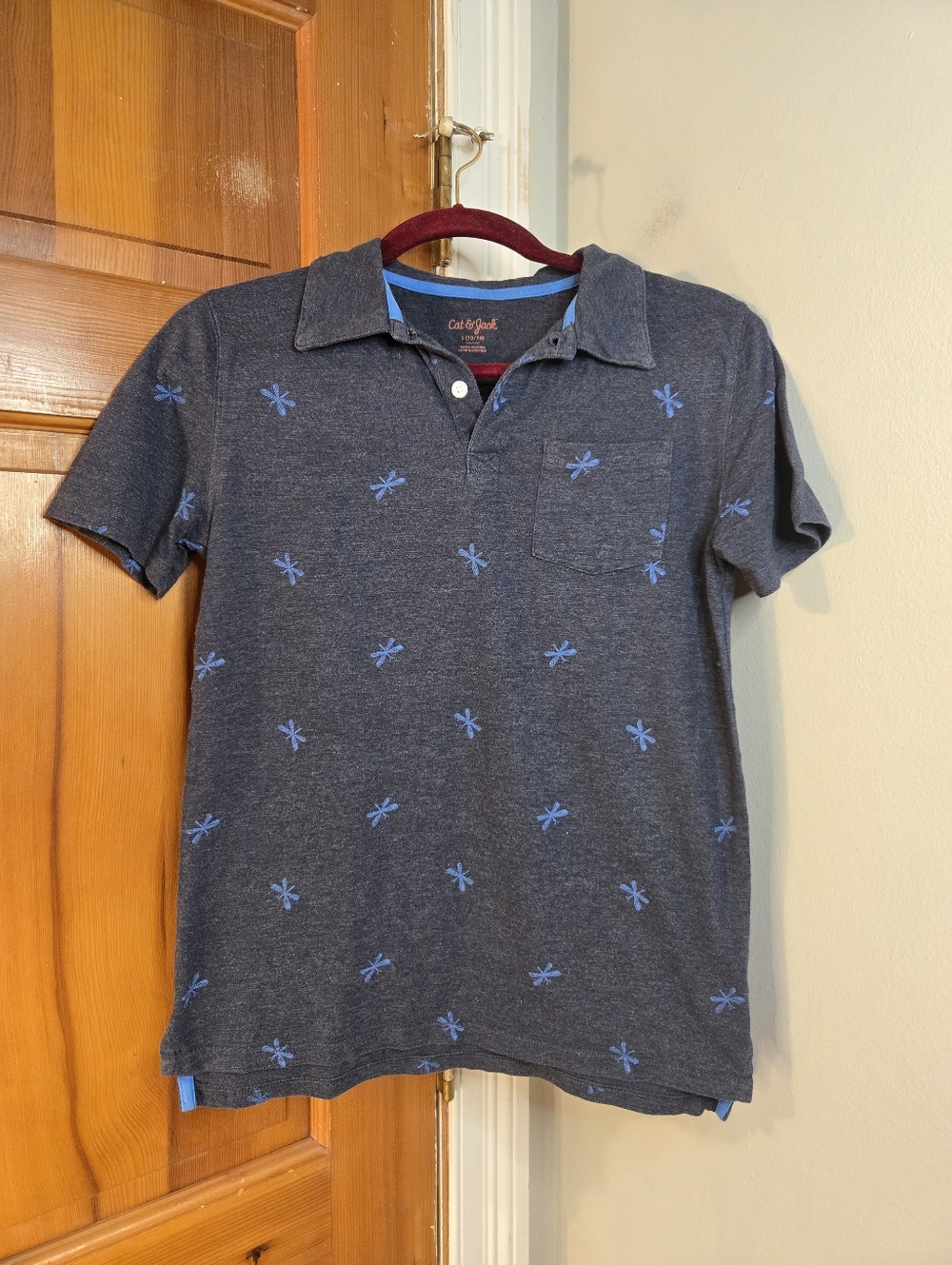 Cat & Jack Navy Polo with Light Blue Embroidered Dragonfly Accents Sz L (12-14)